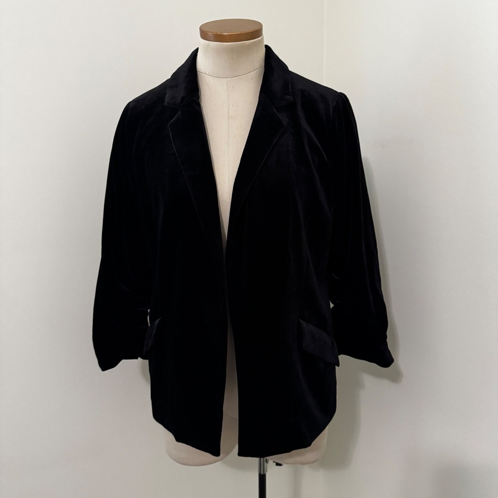 Skies Are Blue Small Black Velvet Blazer Gathered Sleeves Party Festive Holiday